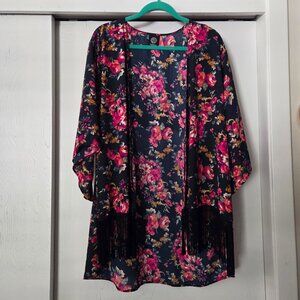 Bobeau L Black Floral Open Front Kimono Sheer Fringe Hi-Low Roses